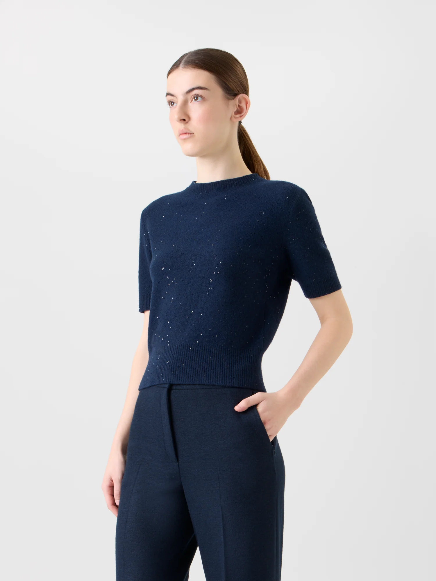 Sequin Short-Sleeve Wool Cashmere Knit Sweater - Image 3