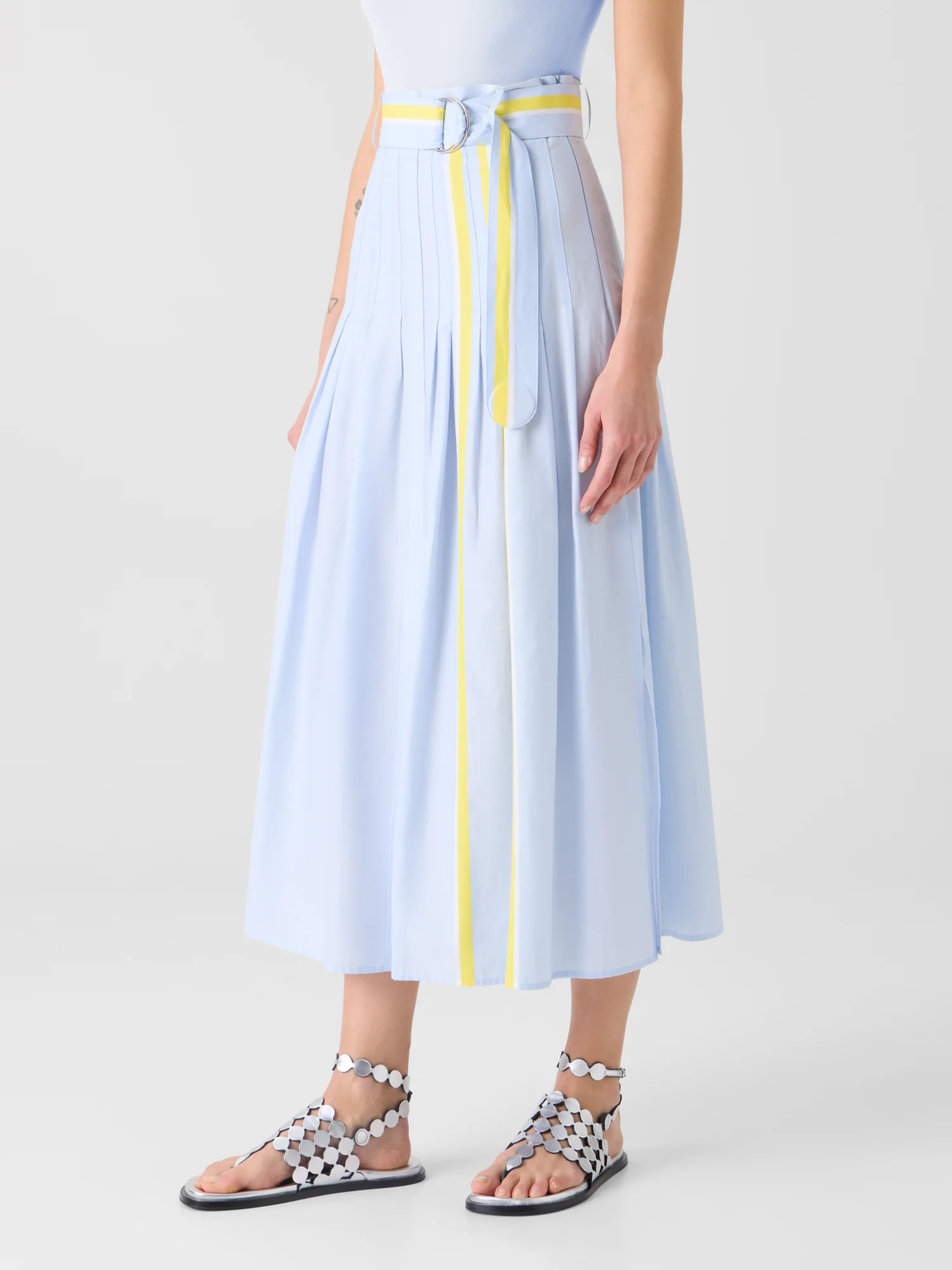 Pleated Striped Cotton Chambray Midi Skirt with Belt - Image 3