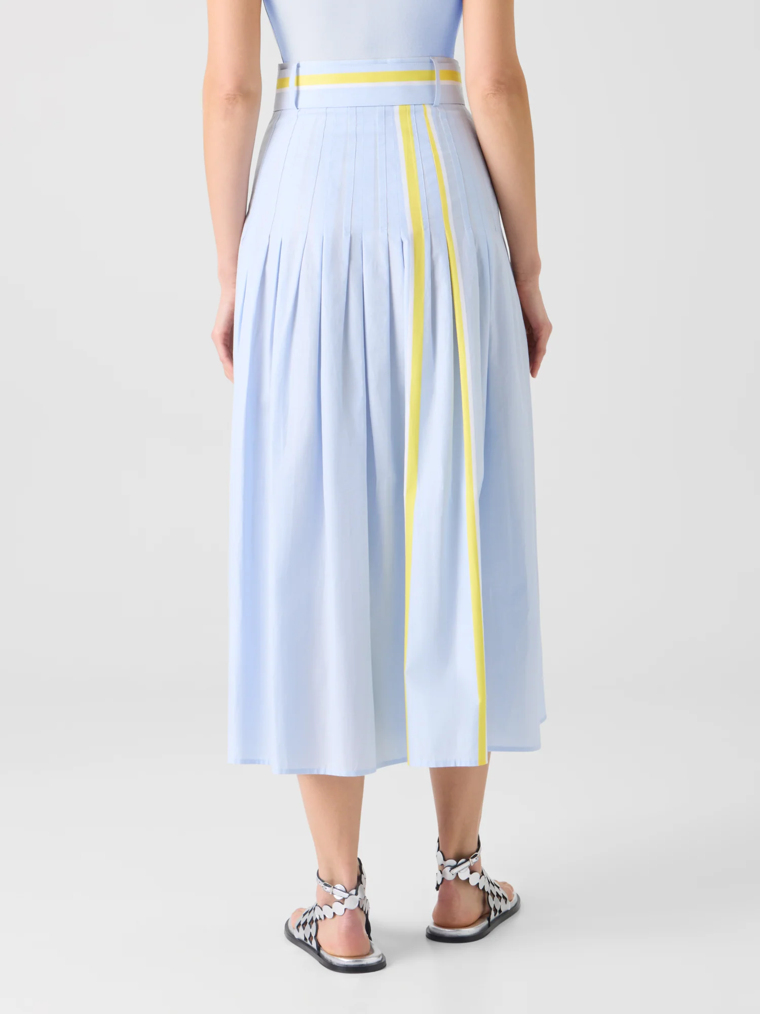 Pleated Striped Cotton Chambray Midi Skirt with Belt - Image 5